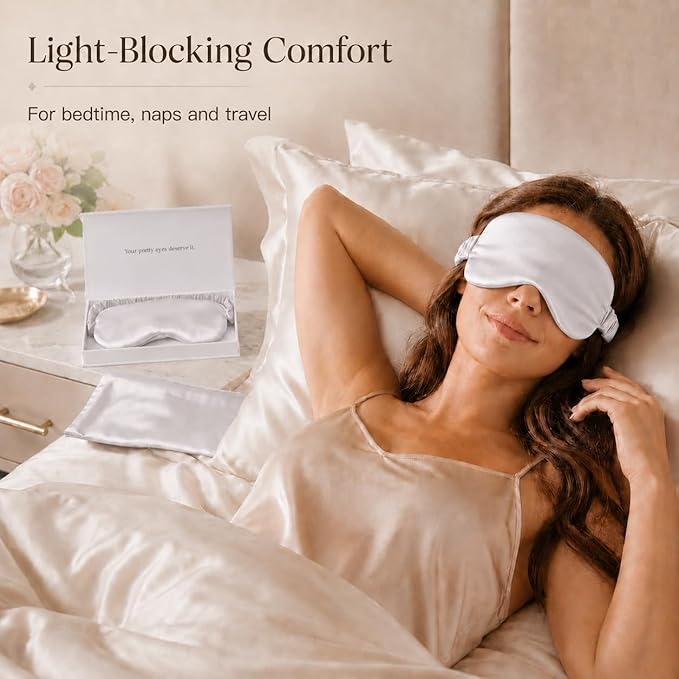 Silk Sleep Mask Light Blocking Luxury 100% Mulberry 19mm Silk Eye Mask Eye Cover Blindfold Ultra Soft Light & Comfy Anti Aging Skin Care with Travel Bag Gift Package