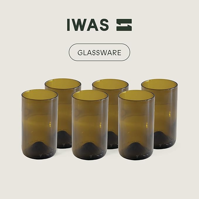 IWAS Upcycled Olive Drinking Glasses | 350 ML | 12 OZ | Set of 6 | Sustainable Water Glasses | Environmentally Friendly Dark Brown Glasses For Home