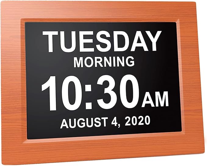 Digital Calendar Date Multi Alarm Clock 8 inch Large Display Auto-Dimming Electic Desk Table Wall Mount Office, Home, Kitchen, Room, School, Bedroom, Living Room (Brown)