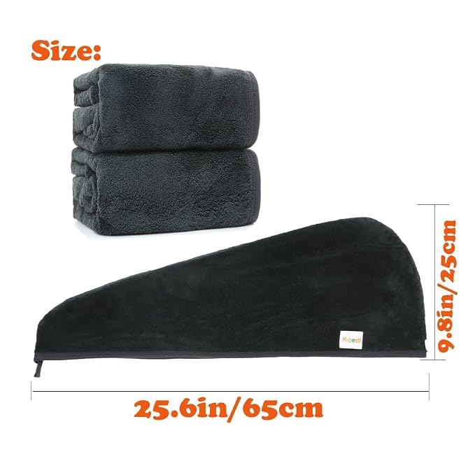 M-bestl 2 Pack Microfiber Hair Towel Wrap,Hair Drying Towel with Button,Absorbent and Anti-frizz Head Towel to Dry Curly or Straight Hair Quickly (Black)