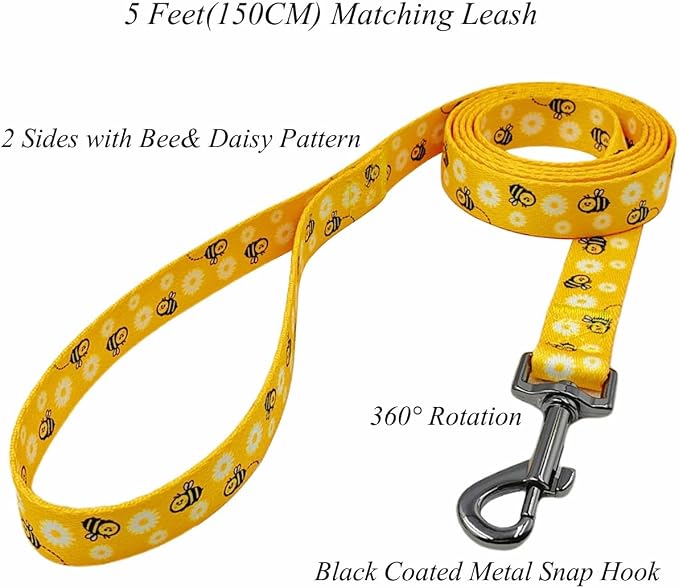 Dog Collar Leash Set, Floral Pattern, Polyester Material, Adjustable Collar and 5ft Matching Leash, for Medium Dogs.(M, Bee Daisy)