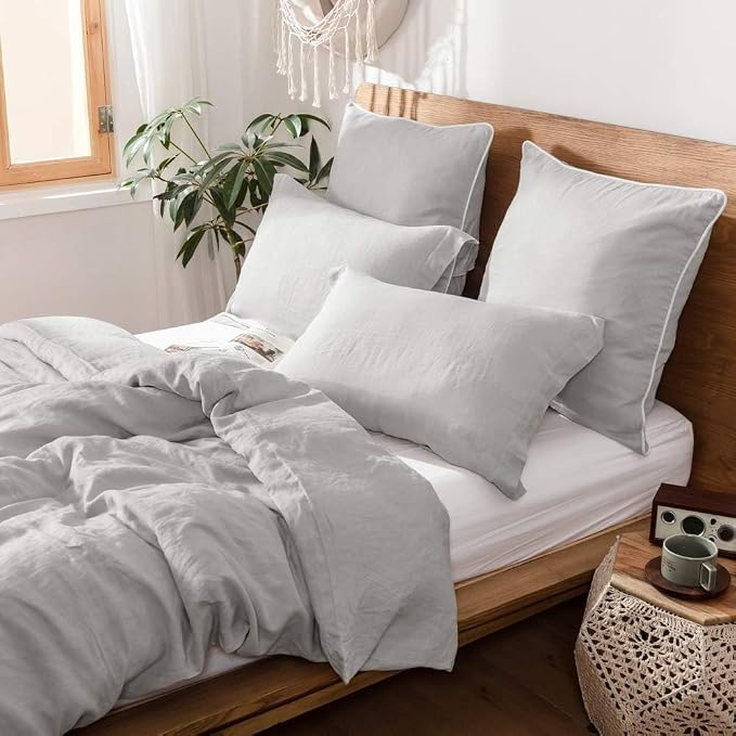 Simple&Opulence 100% Linen Euro Sham Covers with Piping Trim, 26"x26" Pillow Cover Set of 2, Breathable Pillow Shams for Bed Couch Decorative Cushions, Light Grey