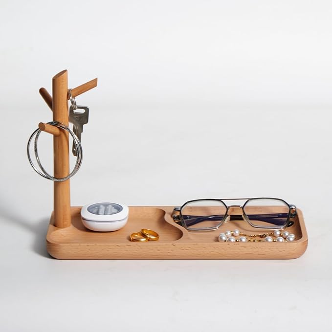 Solid Beech Wood Key Tray and Bowl for Entryway Table - Smooth Polished Branch-Shaped Organizer With Hooks for Keys, Wallet, Jewelry, Glasses (Beech, Rectangle)