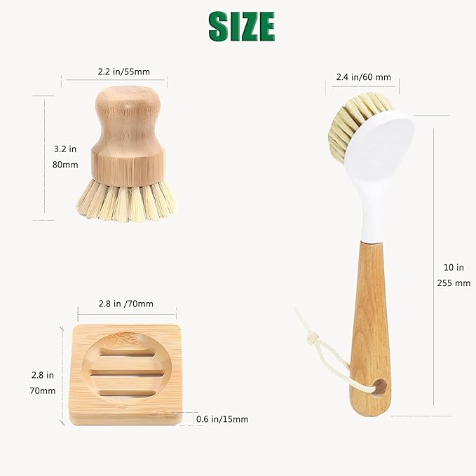Bamboo Vegetable Brush Set, Natural Bristle Dish Brush with Holder, Eco Friendly Soft Dish Scrubber Kitchen Brush for Dishes