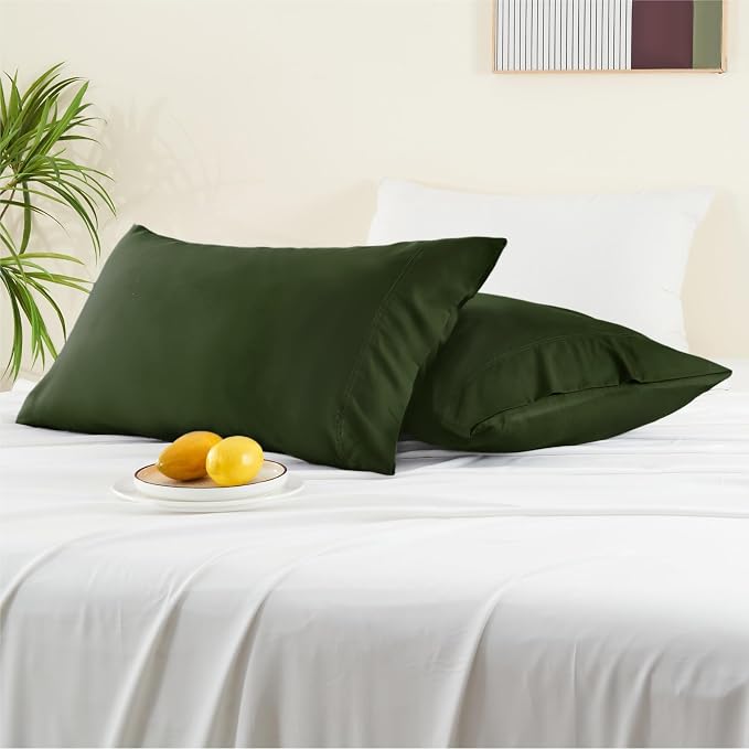 BEDELITE Olive Green Pillow Cases Queen Size Set of 2, Rayon Derived from Bamboo,Cooling Pillow Cases for Hot Sleepers & Night Sweats, Breathable and Silky Soft Envelope Pillowcases, 20"x30"