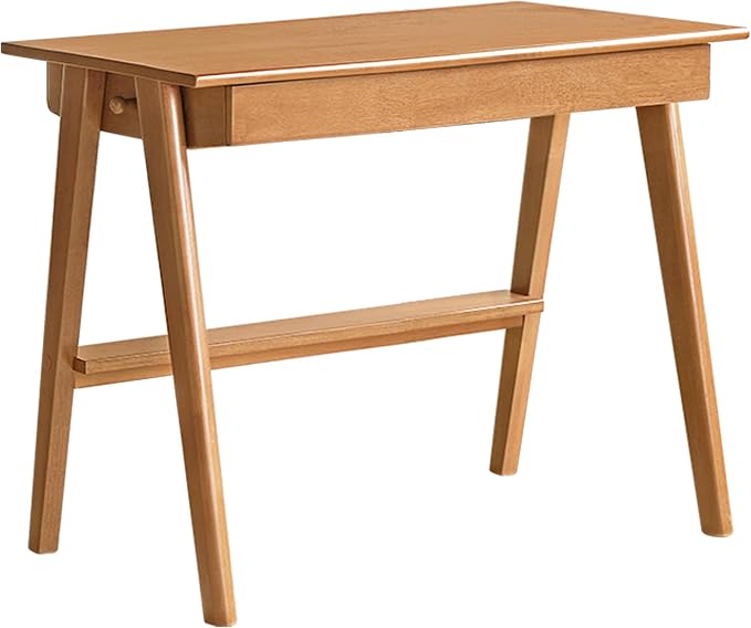 YESWOOD 100% Solid Rubber Wood Desk, Mid Century Modern Writing Computer Desk in Walnut Finish with Drawer for Home Office, Sturdy Room, Bedroom 27.55" W Natural Wood