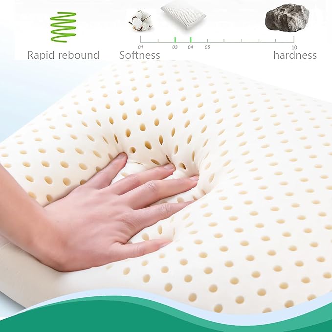 100% Natural Talalay Latex Pillow for Sleeping with Removable Cotton Cover, Premium Soft Bed Pillow Helps Relieve Pain and Pressure, Suitable for Side Back or Stomach Sleepers (Queen (Soft))