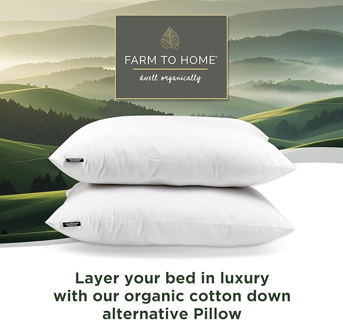 Farm To Home 100% Organic Cotton Cover Pillows Queen/Standard Size Set of 2, Down Alternative Hotel Quality Soft Bed Pillow for Back & Side Sleepers, Machine Washable, 20"x28", White
