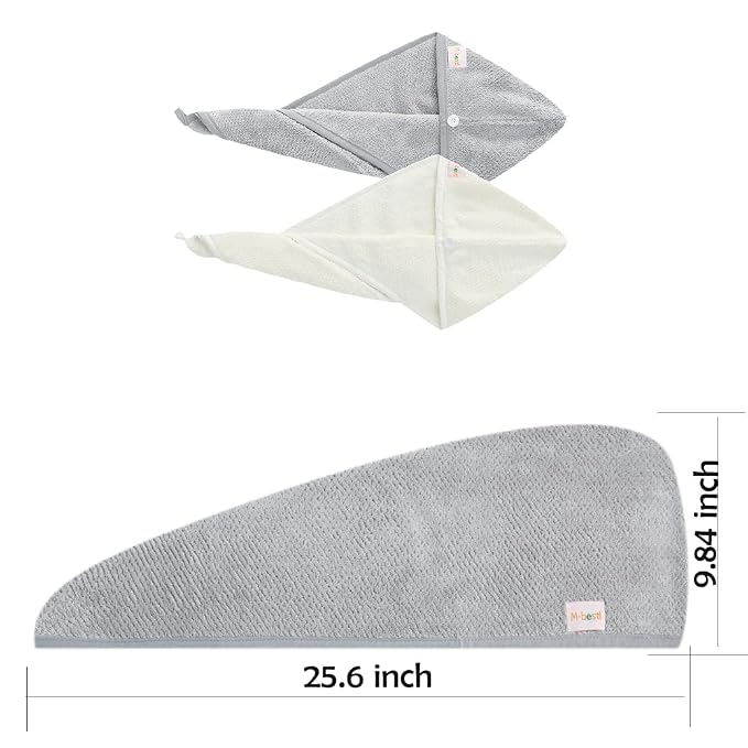M-bestl 2 Pack Hair Towel Wrap,Absobent Hair Drying Towel with Buttons, Microfiber Hair Towel Wrap to Dry Hair Quickly (Beige&Gray)