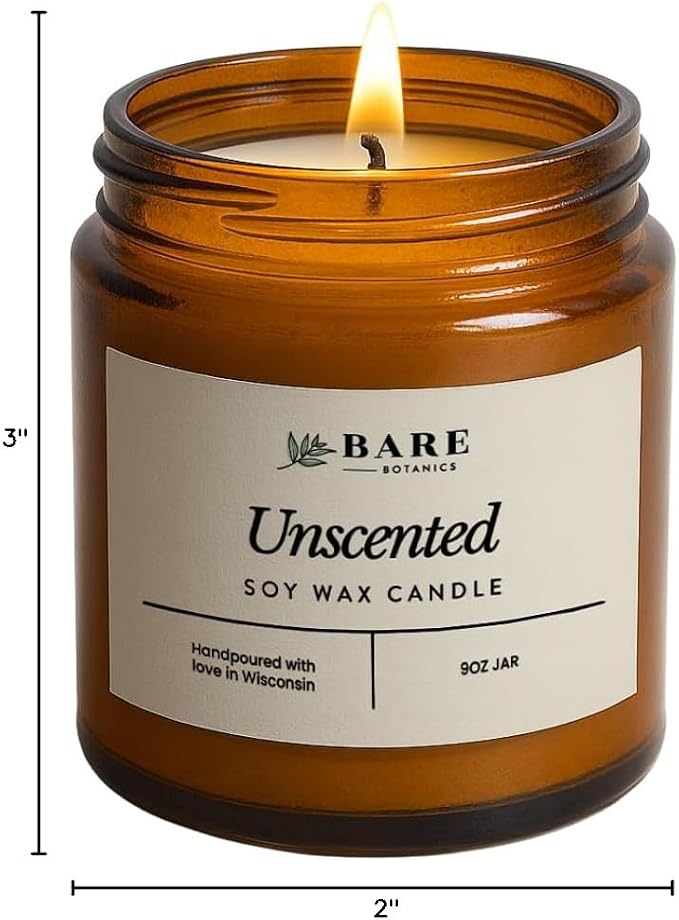 Bare Botanics 9oz Non Toxic Soy Candle Unscented - 40+ Hour Burn | 100% Plant-Based Fragrance Oils | Handpoured in Wisconsin | Clean-Burning Soy Wax