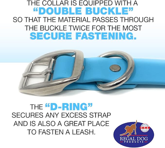 Regal Dog Products Small Light Blue Dog Collar with Heavy Duty Double Buckle & D Ring | Vinyl Coated, Custom Fit, Adjustable Biothane Dog Collar Chew Resistant Waterproof Collar for Dogs