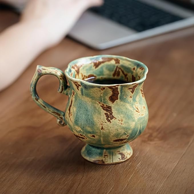 10 oz Footed Ceramic Mug, Turquoise & Brown Glazed Coffee Cup, Rustic Handmade Tea Cup with Handle for Home Office, Dishwasher & Microwave Safe