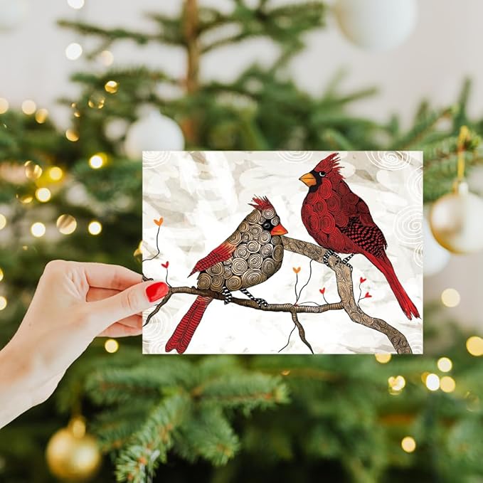 Tree-Free Greetings Holiday Greeting Card with Matching Envelope, Eco Friendly, Made in USA, 100% Recycled Paper, 5" x 7", Cardinals Flitting (GO64224)