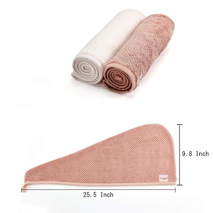 M-bestl 2 Pack Microfiber Hair Towel Wrap,Quick Dry,Anti-frizz(Pink&Beige) | Hair Drying Towel for Women with button,lightweight,Anti-frizz Absorbent hair Turban Towel for Long Thick Curly Hair