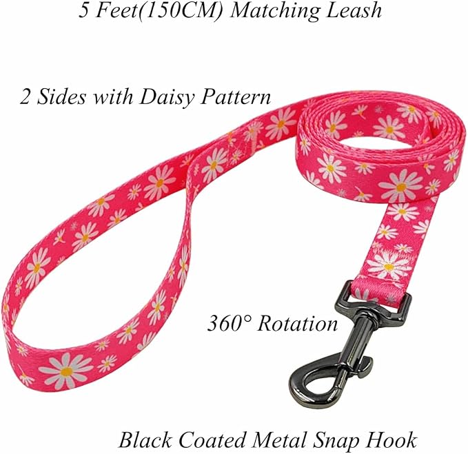 Dog Collar Leash Set, Floral Pattern, Polyester Material, Adjustable Collar and 5ft Matching Leash, for Medium Dogs.(M, Pink Daisy)