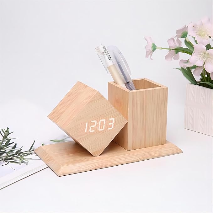 Digital Alarm Clock LED with Temperature Calendar Display 3 Level Brightness Adjustment Sound Activated Multifunctional Home Office Pencil Holder Desk Organizers