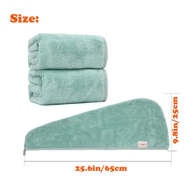 M-bestl 2 Pack Microfiber Hair Towel Wrap,Hair Drying Towel with Button, Hair Towel Turban,Head Towel to Dry Hair Quickly (Green&Green)