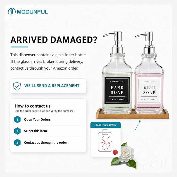 Clear Glass Soap Dispenser Set: Modunful 2 Pack 16.9oz Countertop Soap Dispenser with Bamboo Tray, Silicone Funnel & 60 Waterproof Stickers - for Kitchen Bathroom