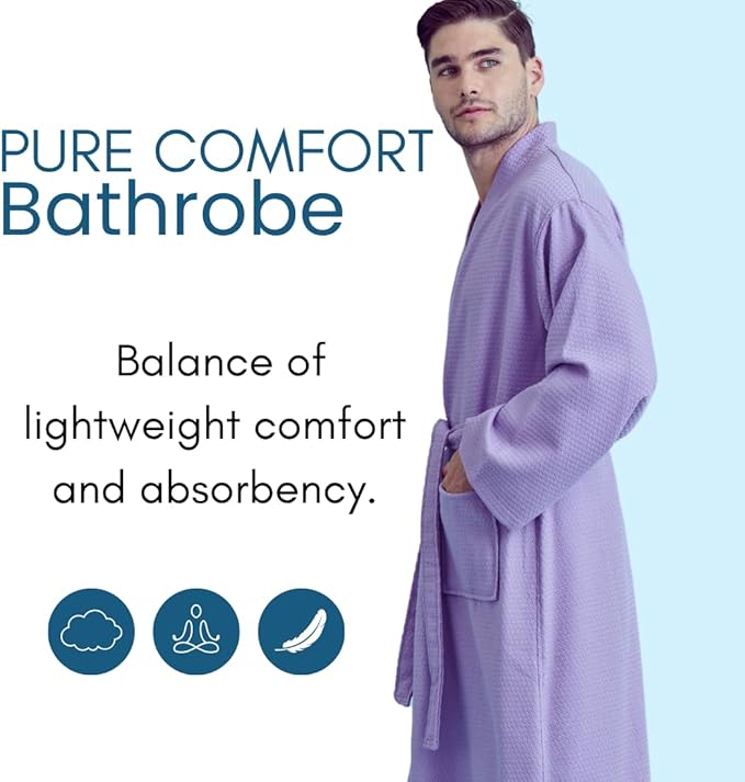 Men's Luxury Waffle Weaved Cotton Bathrobe - Lightweight & Soft - Quick Dry & Absorbent - Spa Robe for Men