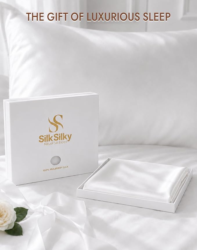 SilkSilky 100% Pure Organic Mulberry Silk Pillowcase for Hair & Skin, Both Sides Grade 6A Pillow Cases with Hidden Zipper, Breathable Cooling Silk for Beauty Sleep (Standard 20''x26'', White)