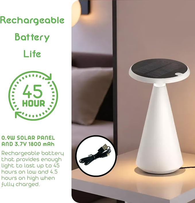 Portable Solar Powered Mushroom LED Table Lamp - Indoor/Outdoor Use - Stepless Dimming - Up to 45 Hour Rechargeable Battery - 1.6W, 160 lumens, 2700K - IP44 Weather Resistant - White