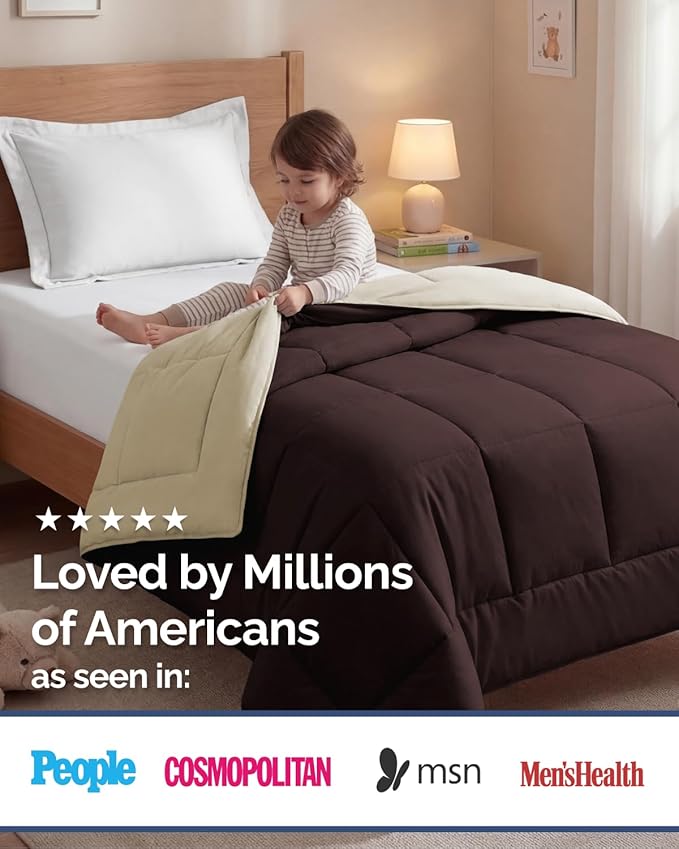 Twin Size, Brown/Beige Alternative Down Comforter - Warm, Lightweight & Breathable Hotel Quality Bedding for Men, Women, Kids & Teens - All Season Oversized Cooling Microfiber Duvet Insert Comforter