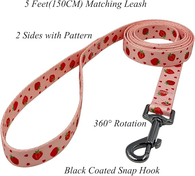 Dog Collar Leash Set, Fruit Pattern, Polyester Material, Adjustable Collar and 5ft Matching Leash, for Medium Dogs.(M, Strawberry)