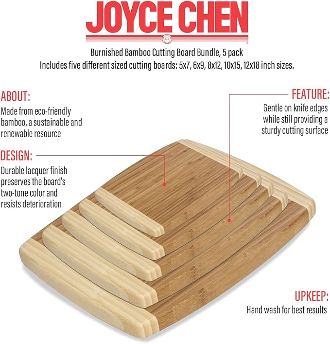 Joyce Chen Bamboo Cutting Board Set 5 Pack (Compact, Small, Medium, Large, and XL)