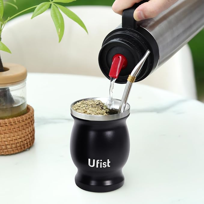 Yerba Mate Cup Set, Includes Stainless Steel Argentina Classic 8.4 oz Mate Gourd, 2pcs Bombilla Straws and Clean Brush (Black)