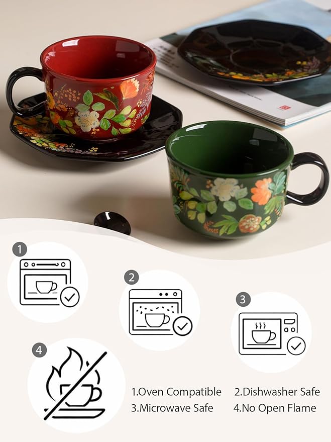 Red Floral Coffee Cup and Saucer Set, 9.5 oz (280ml) Ceramic Tea Cup with Saucer, Glossy Finish Vintage Botanical Mug for Espresso, Cappuccino, Latte, Home Kitchen, Office, Gift for Women