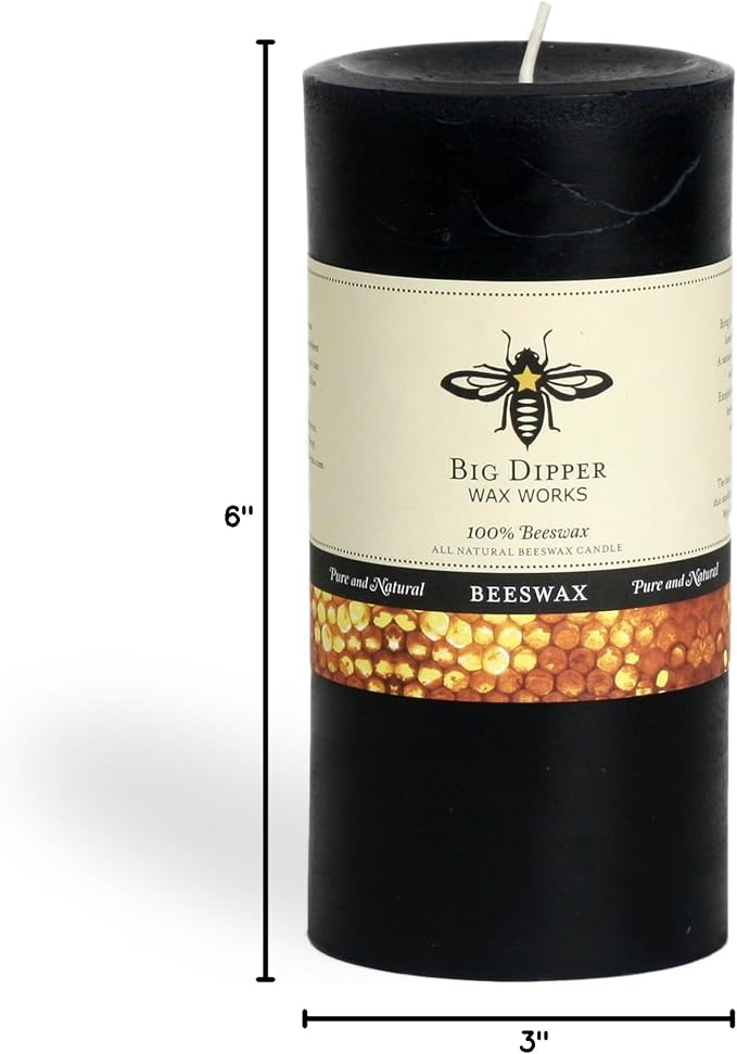 Big Dipper Wax Works Black Pillar Candle, 90-Hour Long Burn, Pure Beeswax Candle, 3" x 6”