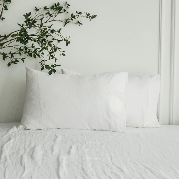 Simple&Opulence Linen Pillowcases 1 Pair Basic Style 55% Euro Linen 45% Cotton Blend Solid Color Flax Shams Set of 2, King Size 20"x40", White