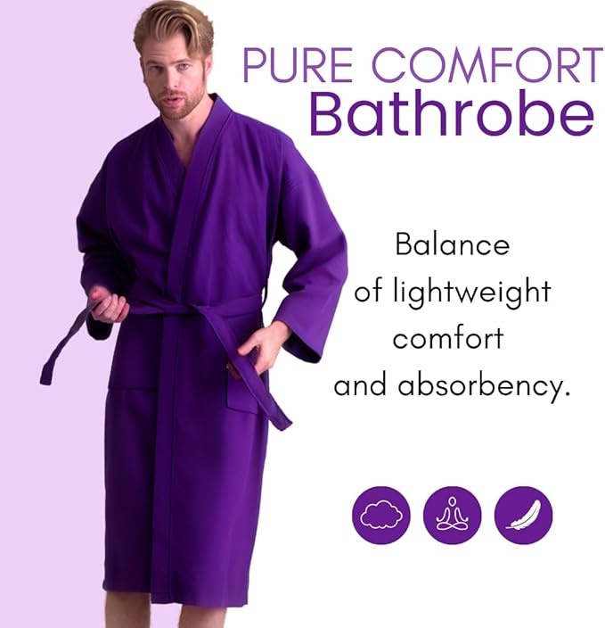 Men's Luxury Waffle Weaved Cotton Bathrobe - Lightweight & Soft - Quick Dry & Absorbent - Spa Robe for Men