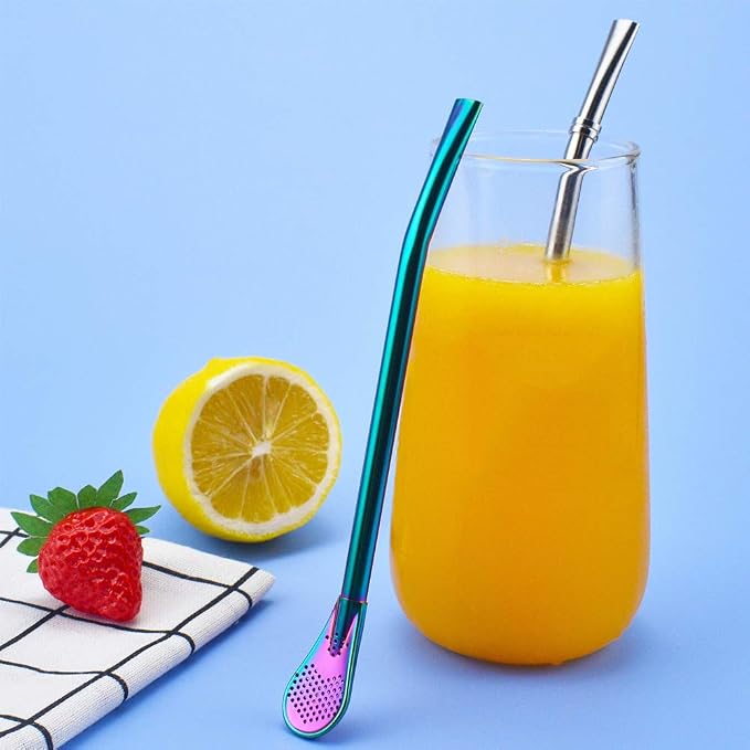 Stainless Steel Straw Filter Spoon, Yerba Mate Bombilla, Loose Leaf Tea Strainer, Tea Straw for Drinking Coffee, Cocktail, Pack of 5 with Cleaning Brush (5 colors)