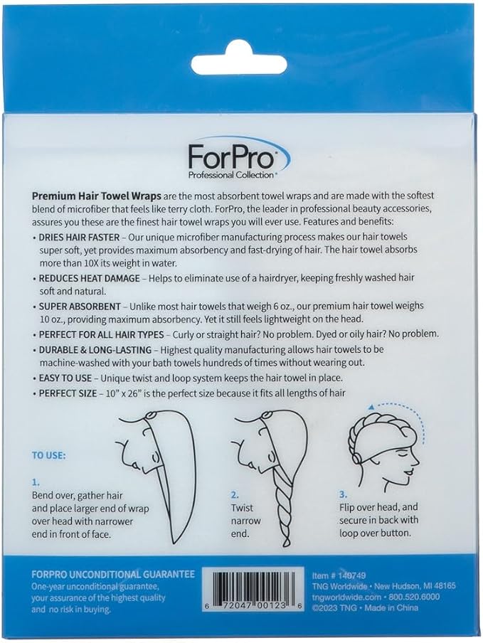 ForPro Professional Collection Premium Microfiber Hair Towel Wrap, 2-Pack Quick Drying Hair Turban for Women, 10" x 26", Cool Grey + Sky Blue