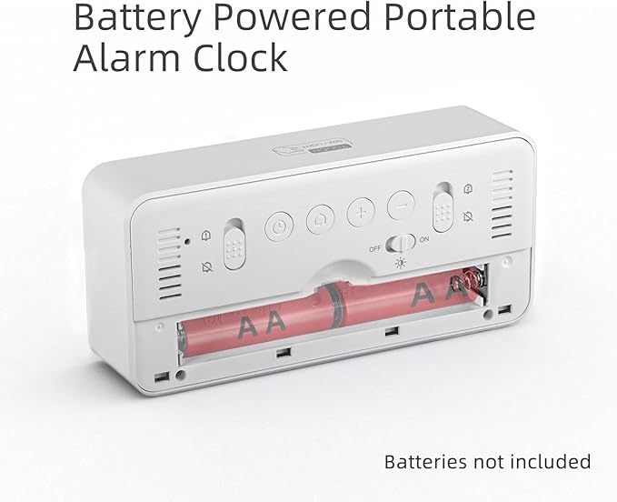 Digital Alarm Clock Battery Powered with Date | Indoor Temperature | Humidity | LCD Display | Dual Alarms | Snooze and Backlight Desk Small Clock (White)