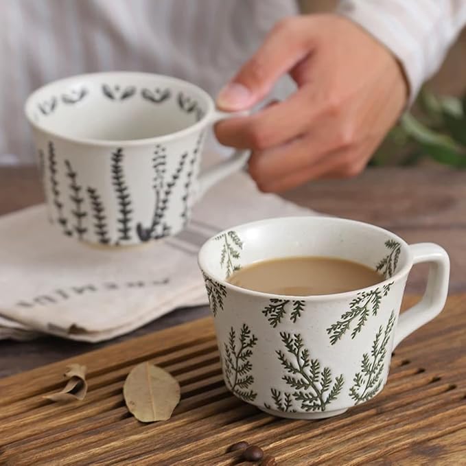 Ceramic Mug 1pcs, 11oz - Vintage Coffee Mug, Pottery Cups for Milk, Latte, Cappuccino, Tea - Porcelain Dishwasher, Microwave Safe Stoneware Green Leaf