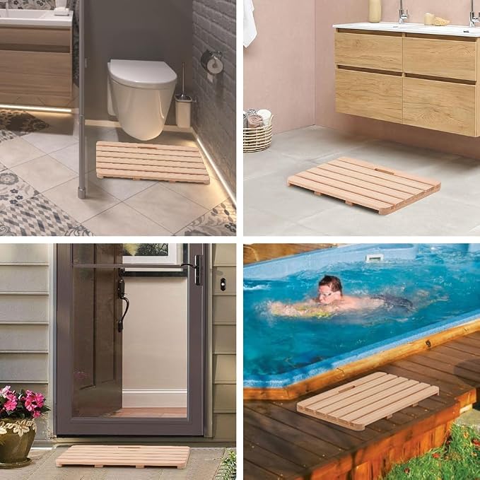 Wooden Bath Mat Non-Slip Hinoki Cypress Wood Shower Mat Waterproof Luxury Spa Bathtub Mat for Indoor or Outdoor Use, 21 x 14 x 1 Inches
