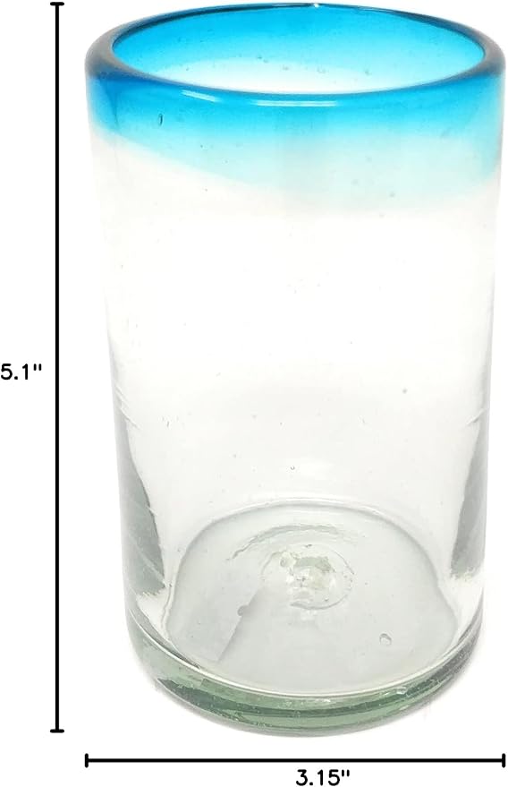 Dos Sueños Hand Blown Mexican Drinking Glasses – Set of 6 Glasses with Aqua Rims (14 oz each)