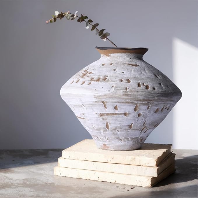 Wabi Sabi Vase 11.5" Rustic White and Brown Distressed Ceramic Vase, Wide Mouth Rustic Vintage Vases for Table Centerpieces, Farmhouse Home Decor for Living Room Entryway Shelf