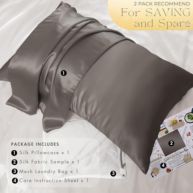 PROMEED Grey Silk Pillowcase King Size - Both Sides 23 Momme Grade 6A+Mulberry Silk Pillow Case Covers for Hair and Skin, Soft and Acne Free (King 20"x36", Grey)