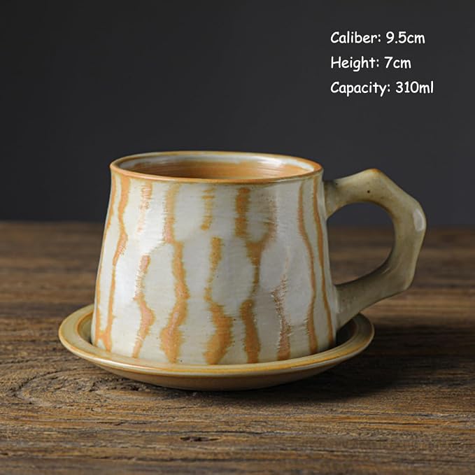 Vintage Faceted Speckled Ceramic Coffee Mug with Saucer, Rustic Stoneware Cup for Tea Latte (YF-CS07)