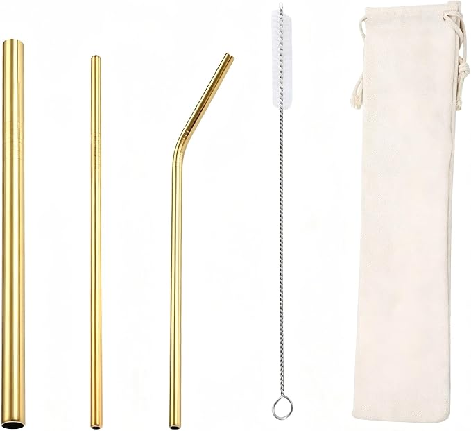 Food Grade 304 Stainless Steel Straw Set, Titanium Plated Colorful Reusable Metal Straws with Cleaning Brush for Coffee, Tea & Beverages (Fashion Gold)