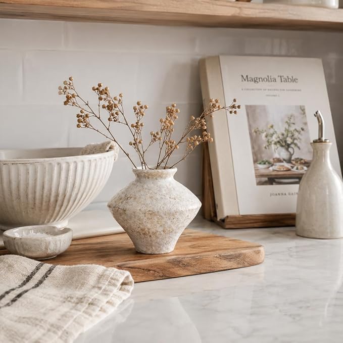 Small Wabi Sabi White Vintage Ceramic Vase, 6.3" Rustic Pottery Vase for Centerpieces, Textured Decorative Flower Vases for Table, Living Room, Bedroom, Bathroom, Kitchen, Farmhouse Home Decor Gifts