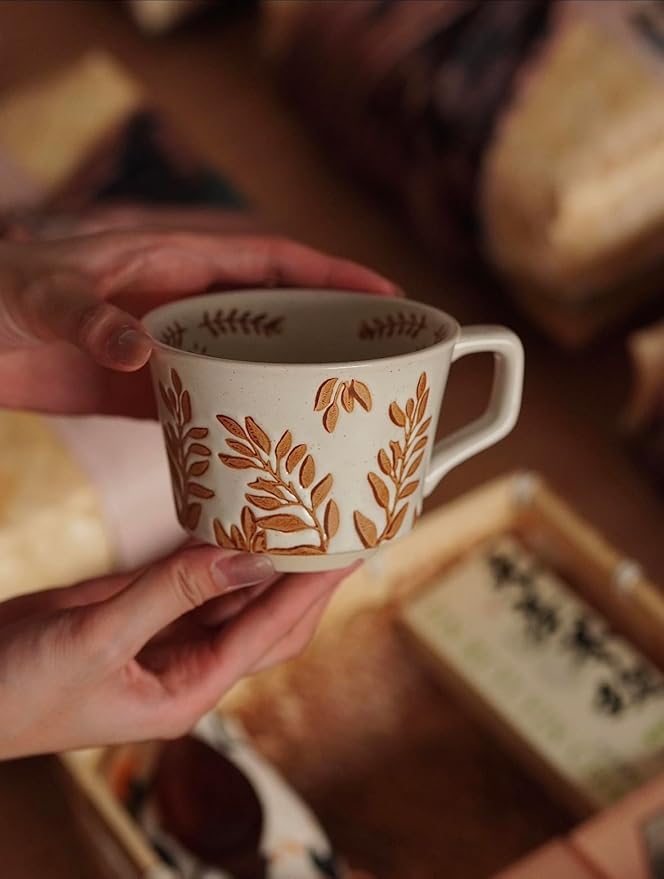 Handmade Ceramic Mugs, 12 oz Coffee Cups, Tea Mugs, Farmhouser Mug, Luxurious Cups for Office Home Microwavable, Porcelain Coffee Cups With Handle - Modern, Boho, Unique Style Wisteria Leaves