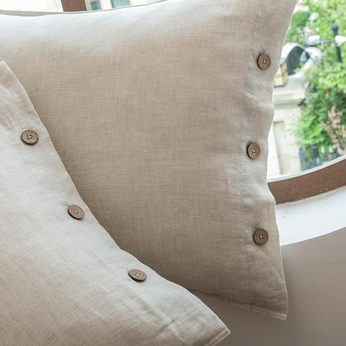 EVERLY 100% Linen Pillowcases Set of 2, French Linen from Normandy, 20X36Inch Standard Size, Natural Color, Coconut Buttons Closure, Flax Pillowshams-Pillowcase-Linen