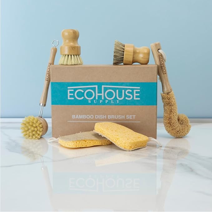 ECOHOUSE SUPPLY™ Bamboo Dish Brush Set – 6-Piece Natural Fiber Kitchen Brush Set with Loofah Sponges (No Bleach), Sisal & Palm Scrubbers – Non-Toxic, Eco-Friendly, Plastic-Free Dish Cleaning Brushes.