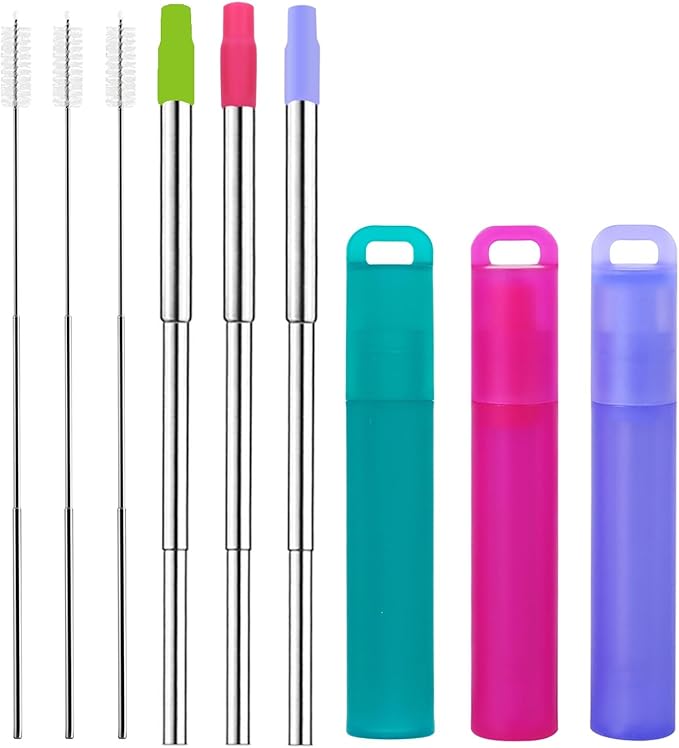 NAIVELY-Metal Reusable Straws, 3 Pack Collapsible Portable Stainless Steel Straws, with Plastic Housing Silicone Tips and Cleaning Brush, Retractable Portable Pocket Drinking Straws