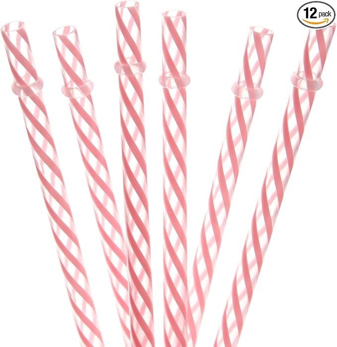 Dakoufish 12 Piece 11 Inch Reusable Plastic Thick Drinking Straws BPA Free Mason Jar Straws small Stripe Color (11inch Pink)