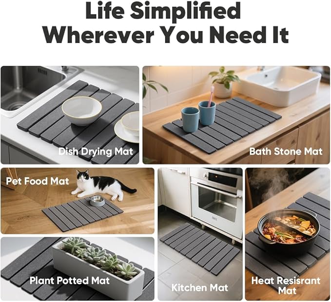 Stone Drying Mat for Kitchen Counter, Quick Diatomaceous Earth Mats for Dishes, 24"L x 16" W Super Absorbent Fast-Drying Collapsible Countertop Stone Mat (Dark Grey, 24" x 16")